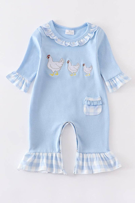 Blue chicken embroidery ruffle pocket girl romper
